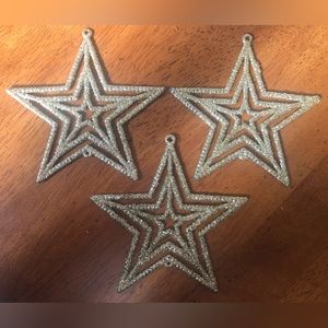Set Of 3 Flat Gold Star Glitter Ornament Vintage Look